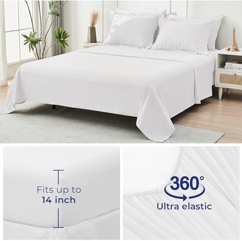 HYMOKEGE White Oversized Queen Comforter Set Seersucker 7 Pieces, All Season Luxury Bed in a Bag for Bedroom, Bedding Set with Comforter, Sheets, Pillowcases & Shams