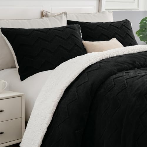 BEDELITE Fluffy Sherpa Full Comforter Set,Black