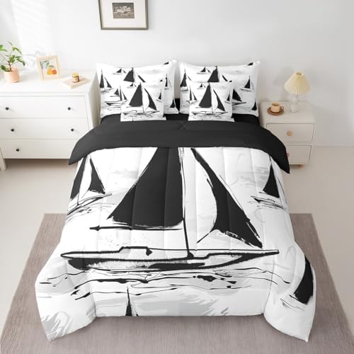 Erosebridal 7Pcs Black Sailboat Comforter Set King Size,Sailing Ship Pirate Themed Bedding Set,Nautical Vintage Sailboat Bed in A Bag,Black Sketch Tie Dye Sheet Set with Comforter