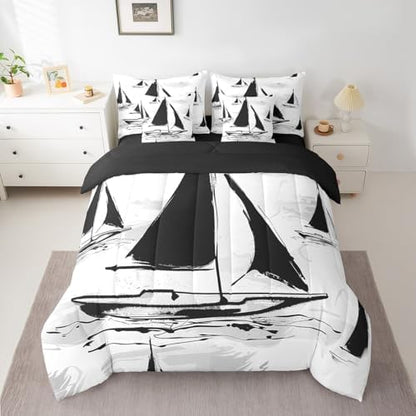 Erosebridal 7Pcs Black Sailboat Comforter Set King Size,Sailing Ship Pirate Themed Bedding Set,Nautical Vintage Sailboat Bed in A Bag,Black Sketch Tie Dye Sheet Set with Comforter