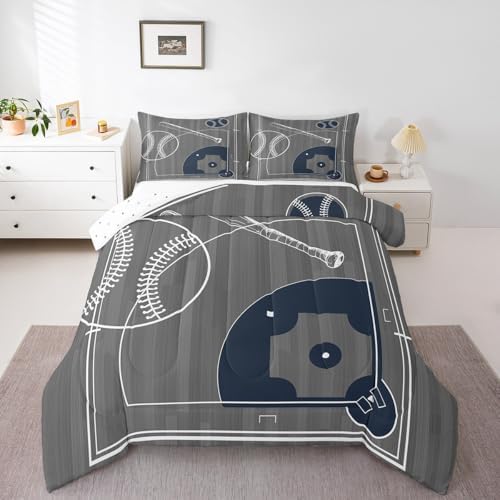 Erosebridal Boys Baseball Queen Size Comforter Set for Kids Child Sports Theme Bedding Set, Ball Gamer Down Comforter Polka Dots Printed Reversible Bed Set, Grey Quilted Duvet