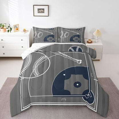 Erosebridal Boys Baseball Queen Size Comforter Set for Kids Child Sports Theme Bedding Set, Ball Gamer Down Comforter Polka Dots Printed Reversible Bed Set, Grey Quilted Duvet