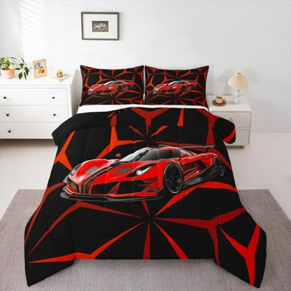 Castle Fairy Racing Car Comforter Set,Extreme Sport Theme Abstract Geometric Lines Bedding Set for Kids Teens,Red Race Car Quilt Set,Duvet Insert 2 Pcs with 1 Pillowcase,Toddler