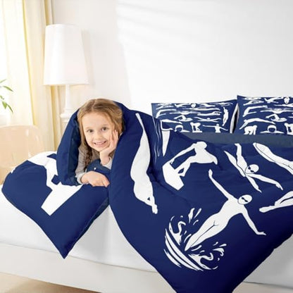 Homewish Swim Comforter Set King Size,Swimming Quilted Duvet 3Pcs for Kids Boys Teens Adult Room Decor,Swimmer Silhouette Print Bedding Sets Modern Navy Blue White Down Comforter,2 Pillowcases