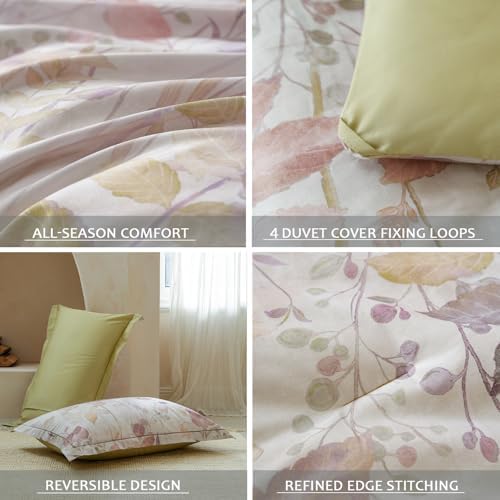 Floral Comforter Queen Size - 100% Long Staple Cotton Gradient Reversible Comforter Set 3pcs, Breathable and Hypoallergenic Bedding Set