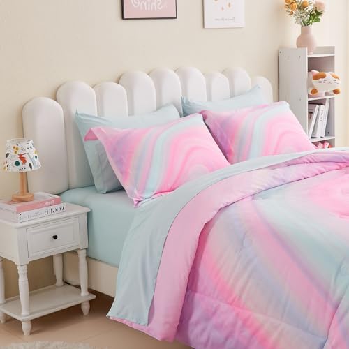 Wajade Girls Pink Comforter Set Bed in A Bag Full Size 7 Piece 3D Colorful Tie Dye Pink Rainbow Bedding Set for Teens Girls (1 Comforter, 1 Flat Sheet, 1 Fitted Sheet, 2 Pillowcase and 2 Pillow Sham)