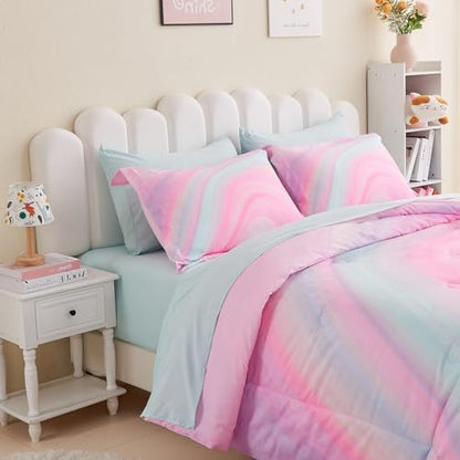 Wajade Girls Pink Comforter Set Bed in A Bag Full Size 7 Piece 3D Colorful Tie Dye Pink Rainbow Bedding Set for Teens Girls (1 Comforter, 1 Flat Sheet, 1 Fitted Sheet, 2 Pillowcase and 2 Pillow Sham)