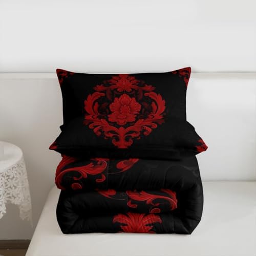 Feelyou Red Gothic Comforter Set King Size Vintage Damask Boho Bedding Set for Kids Boys Girls Exotic Victorian Duvet Quilt Bedroom Decor Microfiber 3 Pcs with 2 Pillow Cases