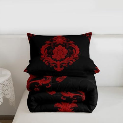 Feelyou Red Gothic Comforter Set King Size Vintage Damask Boho Bedding Set for Kids Boys Girls Exotic Victorian Duvet Quilt Bedroom Decor Microfiber 3 Pcs with 2 Pillow Cases