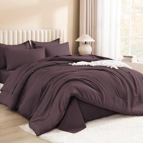 Litanika Plum King Comforter Set with Sheets - 7 Pieces Solid Bed in a Bag