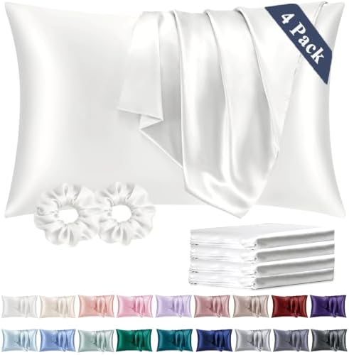 Vielit King Satin Pillowcase for Hair 4 Pack, Similar to Silk Pillow Cases, Easier Care Than Silk Pillowcase, Gifts for Women Men - Ivory, 20x36 & Envelope Closure and 2 Satin Scrunchies