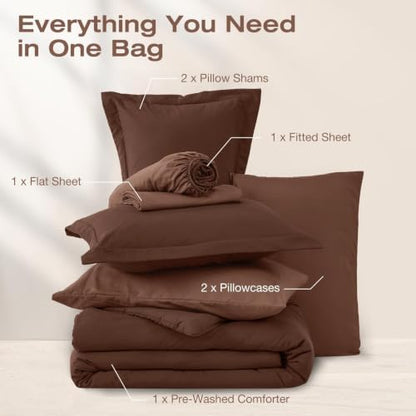 Sasttie Queen Comforter Set 7-Piece Dark Brown, Pre-Washed Bed in a Bag