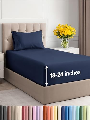 Extra Deep Twin Sheet Set - 3 Piece Breathable & Cooling Sheets - Navy Blue