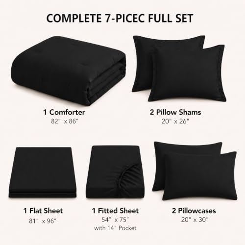 HIMEET Full Comforter Set, 7-Piece Point-Quilted Bed in a Bag, Black