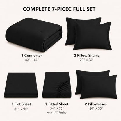 HIMEET Full Comforter Set, 7-Piece Point-Quilted Bed in a Bag, Black