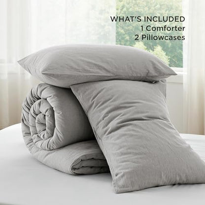 Bedsure PureWoven Cotton Comforter Set Prewashed, Queen, Grey Stone