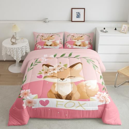 Feelyou Girls Cartoon Fox Comforter Set Cute Fox Bedding Set for Kids Boys Girls Kawaii Animal Duvet Set Botanical Floral Comforter 1 Comforter Set with 2 Pillowcases Queen Size