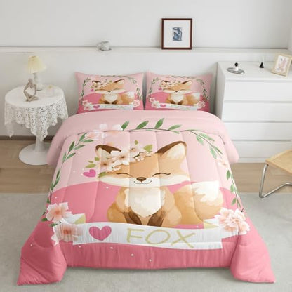 Feelyou Girls Cartoon Fox Comforter Set Cute Fox Bedding Set for Kids Boys Girls Kawaii Animal Duvet Set Botanical Floral Comforter 1 Comforter Set with 2 Pillowcases Queen Size
