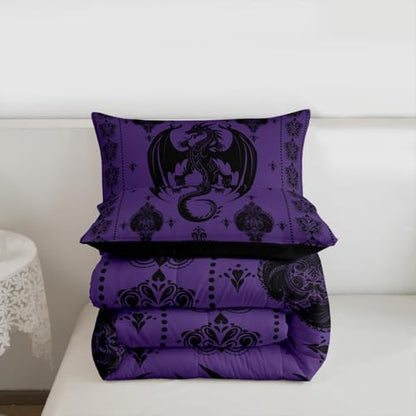 Purple Black Dragon Comforter Set Queen Size,Vintage Boho Floral Print Bedding Set 3Pcs,Paisley Pattern Quilt Set for Kids Boys Girls Adult Room Decor Exotic Trippy Duvet Insert,2 Pillowcases