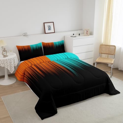 Feelyou Abstract Ombre Comforter Set Full Size, Kids Teens Orange and Teal Girls Bedding Sets Decor Modern Geometric Stripes Quilt Set with 2 Pillow Cases