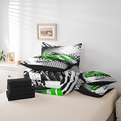 jejeloiu Green Race Car Comforter Set with Sheets King Size for Kids Boys Girls Checkerboard Racing Flag 7 Pieces Bedding Set Cartoon Bed in a Bag Bedroom Decor Soft Lightweight Microfiber