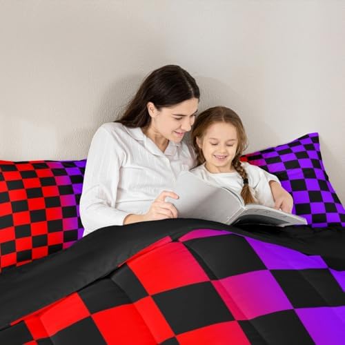 Feelyou Checkered Retro Comforter Set Queen Size Geometric Vintage Bedding Set for Kids Boys Girls Red Purple Duvet Quilt Modern Groovy Aesthetic Bedroom Decor 3 Pcs with 2 Pillow Cases