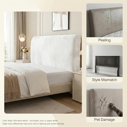 WOMACO Velvet Bed Headboard Slipcover Protector Stretch Solid Color Dustproof Cover for Bedroom Decor (Off-White, 71" - 90")