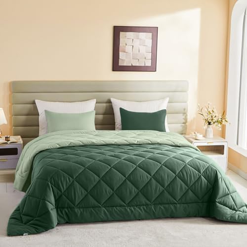 MIOTO 128x120 Oversized King Comforter All Season Extra Large King Size Microfiber Comforter Quilted Down Alternative Duvet Insert with 8 Corner Tabs, Emerald Green&Sage Green