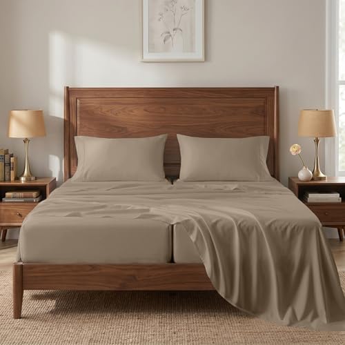 450TC 100% Cotton Split King Sheet Set - Silky Smooth Sateen Weave, Taupe
