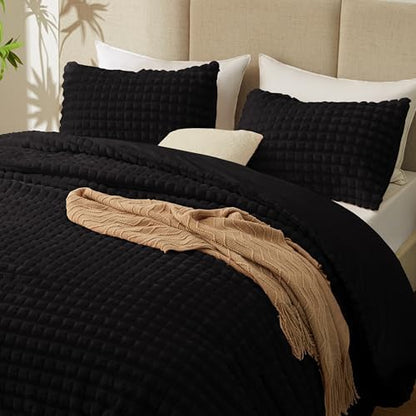 EXQ Home Fluffy Comforter Set Queen Size - Super Soft Faux Fur 3D Grid Jacquard Comforter 3 Pieces, Black Fleece Bedding Set,Winter Warm Bed Set,1 Comforter with 2 Pillowcases