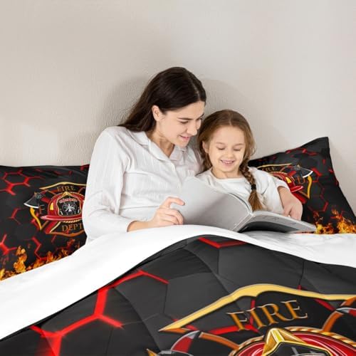 Fire Fighting Kids Comforter Set Queen Size,Fire Fighting Truck Tool Flame Bedding Set,Boys Girls Adults Room Decor,Geometric Honeycomb Hexagon Down Comforter,Red Black Duvet Insert,2 Pillowcases
