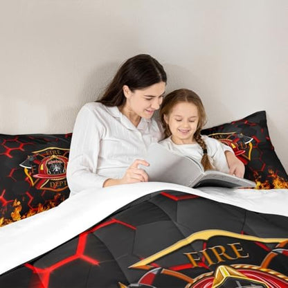 Fire Fighting Kids Comforter Set Twin Size,Fire Fighting Truck Tool Flame Bedding Set,Boys Girls Adults Room Decor,Geometric Honeycomb Hexagon Down Comforter,Red Black Duvet Insert,1 Pillowcase
