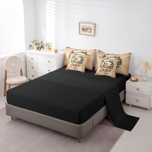 Erosebridal Happy Camping 7 Piece Bedding Set Leopard Print Camper Full Size Bed In A Bag For Kids Teens Adult Bedroom Vintage Rv Farmhouse Comforter Set With Sheets Rustic Cabin Lodge Bed Sets, Brown