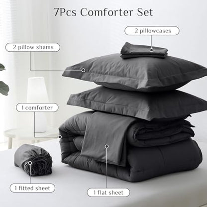 JOLLYVOGUE California King Comforter Set, Ultra-Soft Bed in a Bag Cal King Size 7 Pieces, Oeko-TEX Certified Bedding Set With Down Alternative Comforter, Sheets, Pillowcases & Shams, Dark & Light Grey