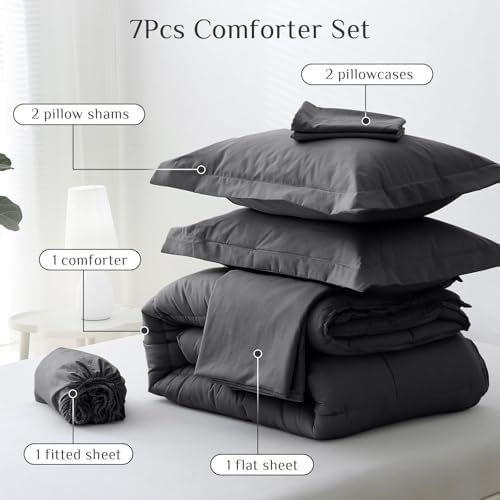 JOLLYVOGUE King Comforter Set, Ultra-Soft Bed in a Bag King Size 7 Pieces, Oeko-TEX Certified Bedding Set with Down Alternative Comforter, Sheets, Pillowcases & Shams, Dark & Light Grey