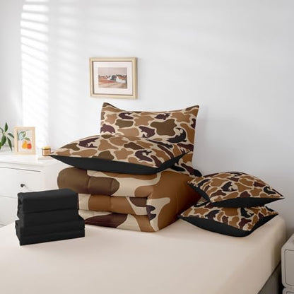 Erosebridal Pike Fish Camo Comforter Set Twin Hunter Camouflage Bedding Sets 7Pcs Wildlife Hunting Bed in a Bag Farmhouse Fishing Sheet Set with Comforter Vintage Brown Decor Outdoor Camping Gifts