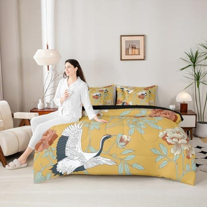 Erosebridal Red Crowned Crane Comforter Set Japanese Ukiyo-E Bed in A Bag Queen Size 7 Pieces Vintage Floral Bed Set Room Decor Red Leaves Branch Asian Culture Bedding with Sheets