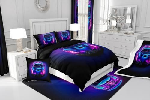 Kids Boys Sports Car Comforter Set Full Size Purple Blue Race Car Bedding Sets for Kids Teens Room Decor Extreme Sports Theme Comforter Cool Speed Luxury Car Decor Quilt Set Soft for All Season