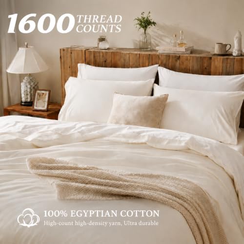 Cotton Duvet Cover Set 100% Egyptian Cotton Oversized King Size - 3 Piece with Zipper Closure Breathable Durable Soft Comfy Home Bedding Set(Cream White, 120"x98")