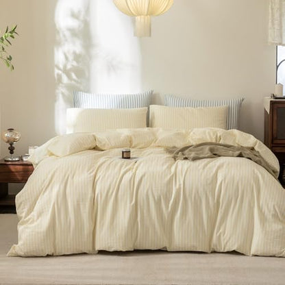 FOSSA Striped Duvet Cover Set 100% Washed Cotton Linen Feel Oversized Queen