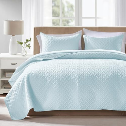FLYMME Twin Quilt Set, Lightweight Sky Blue Bedspreads, Basket Weave Pattern,Ultra Soft Microfiber Bedspread Bed Coverlet 2 Pieces for All-Seasons (1 Quilt, 1 Sham)