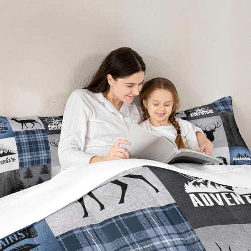 Deer Antler Bear Kids Comforter Set King Size,Hunting Adventure Bedding Set for Boys Girls Adults Room Decor,Geometric Plaids Patchwork Down Comforter,Rustic Farmhouse Duvet Insert,2 Pillowcases