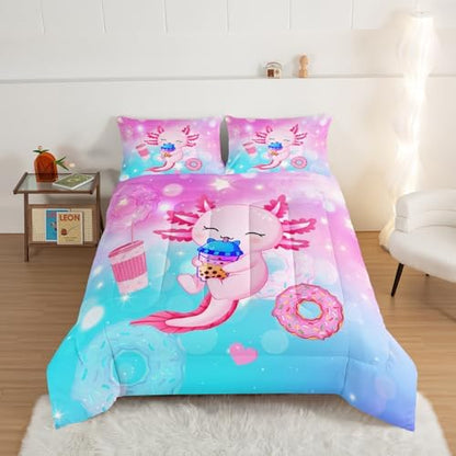 HOSIMA Axolotl Twin Comforter Set Cute Animal Bedding Room Decor for Teen Girls Dessert Milk Tea Donut Bed Princess Toddler Bedding Set Fantasy Blue Purple Twin Bed in a Bag Sets for Adults Teens.