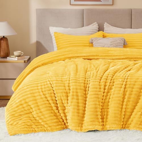 BEDELITE Fleece Queen Comforter Set, Fluffy Bed Set, Bright Yellow