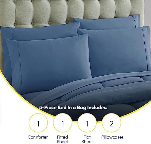 Sweet Home Collection 5 Piece Comforter Set Bag Solid Color All Season Soft Down Alternative Blanket & Luxurious Microfiber Bed Sheets, Denim, Twin