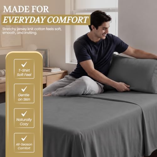 Twin XL Cotton Knit Jersey Sheet Set, 15" Deep Pocket, Grey, 3Pc