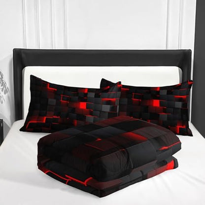 Nttopship Neon Red Black Comforter Set Twin Geometric Kids Bedding Set,3 PCS Geometry Honeycomb Bed Set Modern Quilt Set 1 Comforter 2 Pillow Cases Cool Room Decor All Season B-Side Black