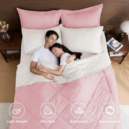 HEVUMYI 5-Piece Twin Comforter Set, Pink & Ivory Bed in a Bag
