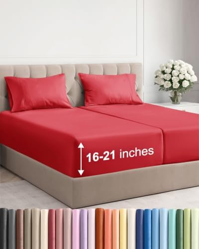 Extra Deep Pocket Split King Size Sheet Set - Breathable & Cooling - Red