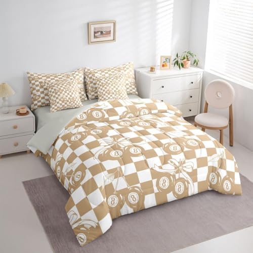 Erosebridal 7 Piece Lucky 8 Ball Comforter Set Twin Fashion Y2K Bowknot Bedding Set with Cute Cherry Ball Design,Minimalist Trendy Geometric Plaid Bed in A Bag Aesthetic Funky Coquette Bed Set